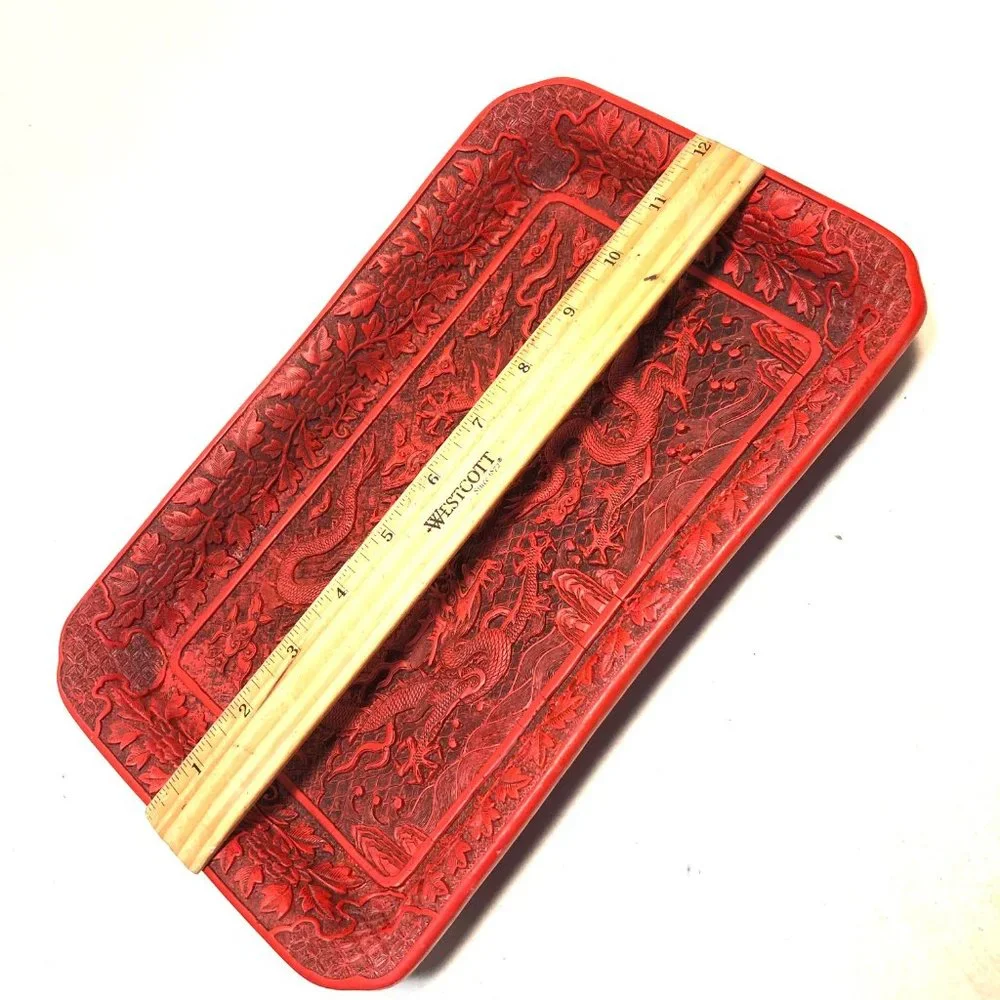 Vtg Chinese Cinnabar Style Resin Dragons Tray